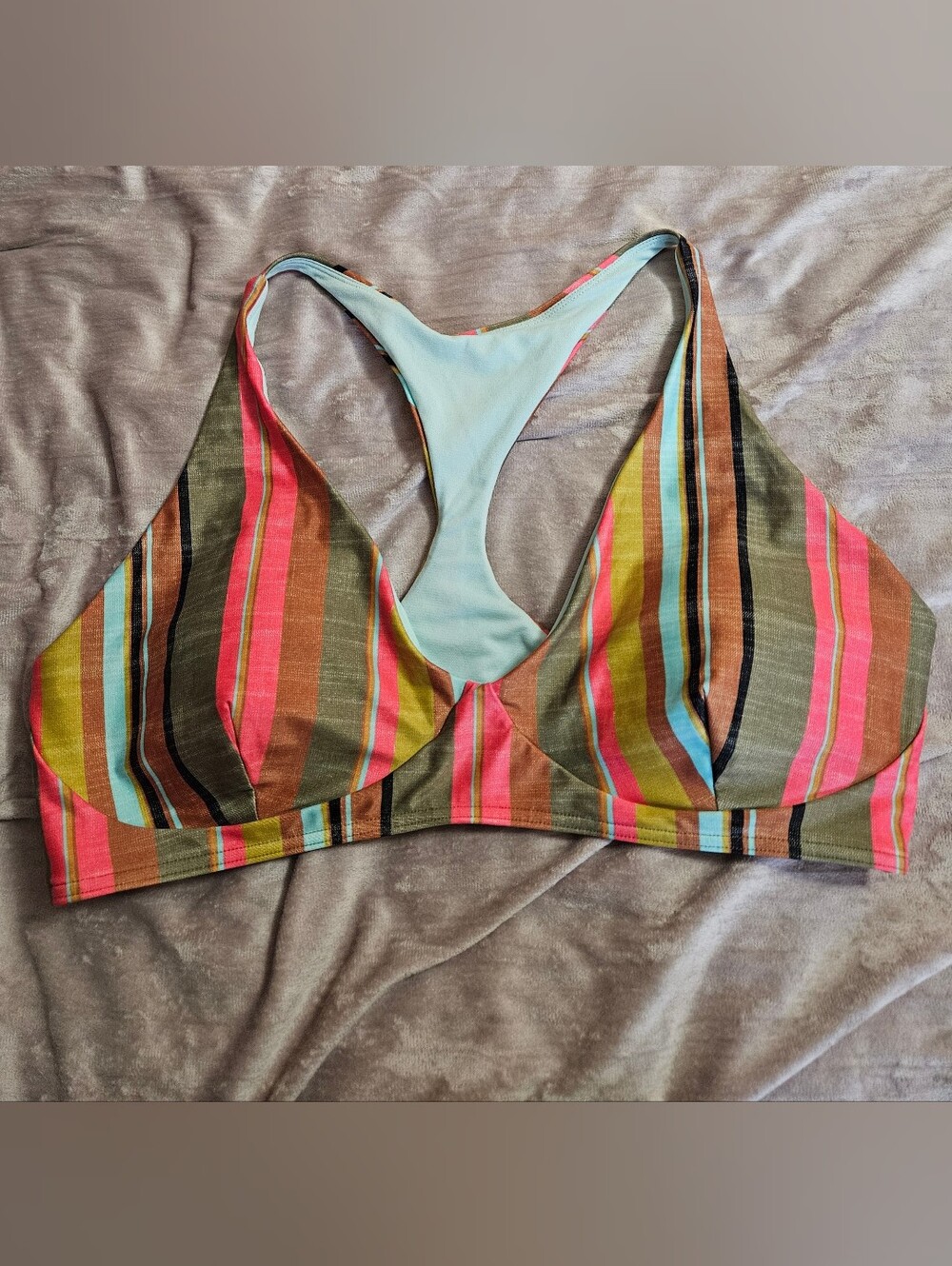 Prana Multicolor Striped Racerback Swim Top - Olive, Pink, Yellow, Aqua Blue, XL